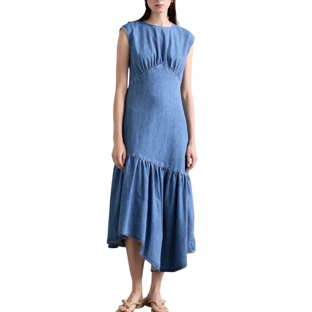NWT FRAME Asymmetric Gathered Tier Hem Denim Midi Dress Sleeveless Medium